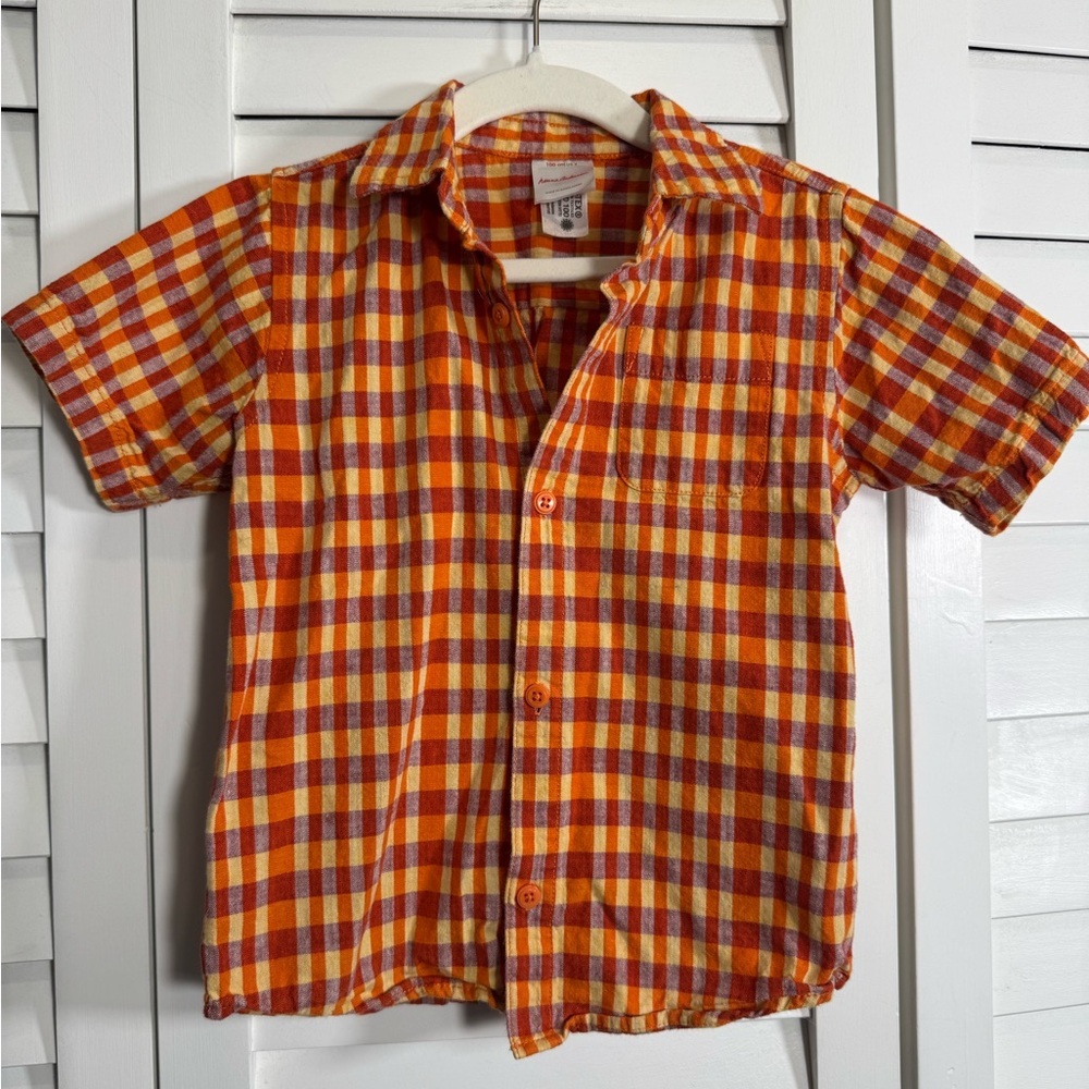 Hanna Andersson Boys Orange & Yellow Button Down Short Sleeve Plaid Size 4